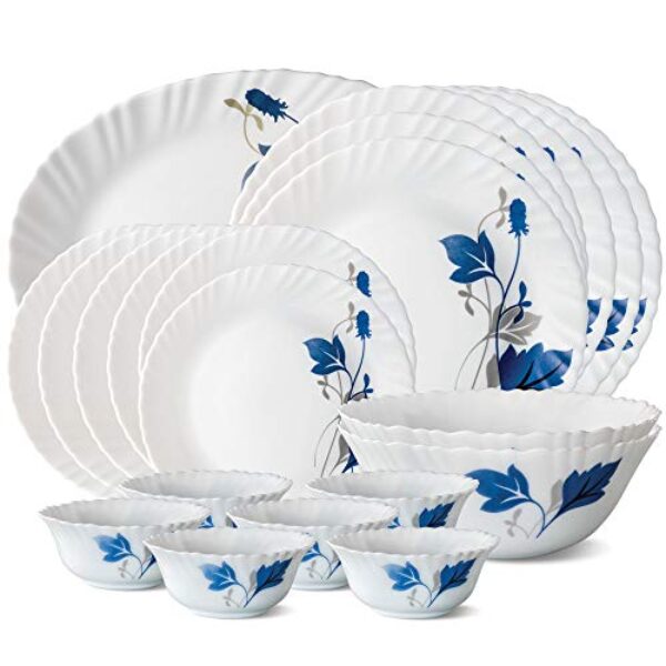 Larah by Borosil Fluted Series Ageria Opalware Dinner Set | 21 Piece for Family of 6 | Microwave & Dishwasher Safe | Bone-Ash Free | Crockery Set for Dining & Gifting | Plates & Bowls | White
