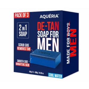 Aqueria De-Tan & Brightening 2-in-1 Bath Soap for Men | Cool Water Perfume | Scrub Side for Tan Removal & Gentle Exfoliation | Smooth Side for Skin Brightening & Hydration | Deep Cleansing Face & Body Soap For Fresh, Healthy-Looking Skin | 300g (Pack of 3) | Suitable For Daily Use – Lasts Upto 90 Washes.