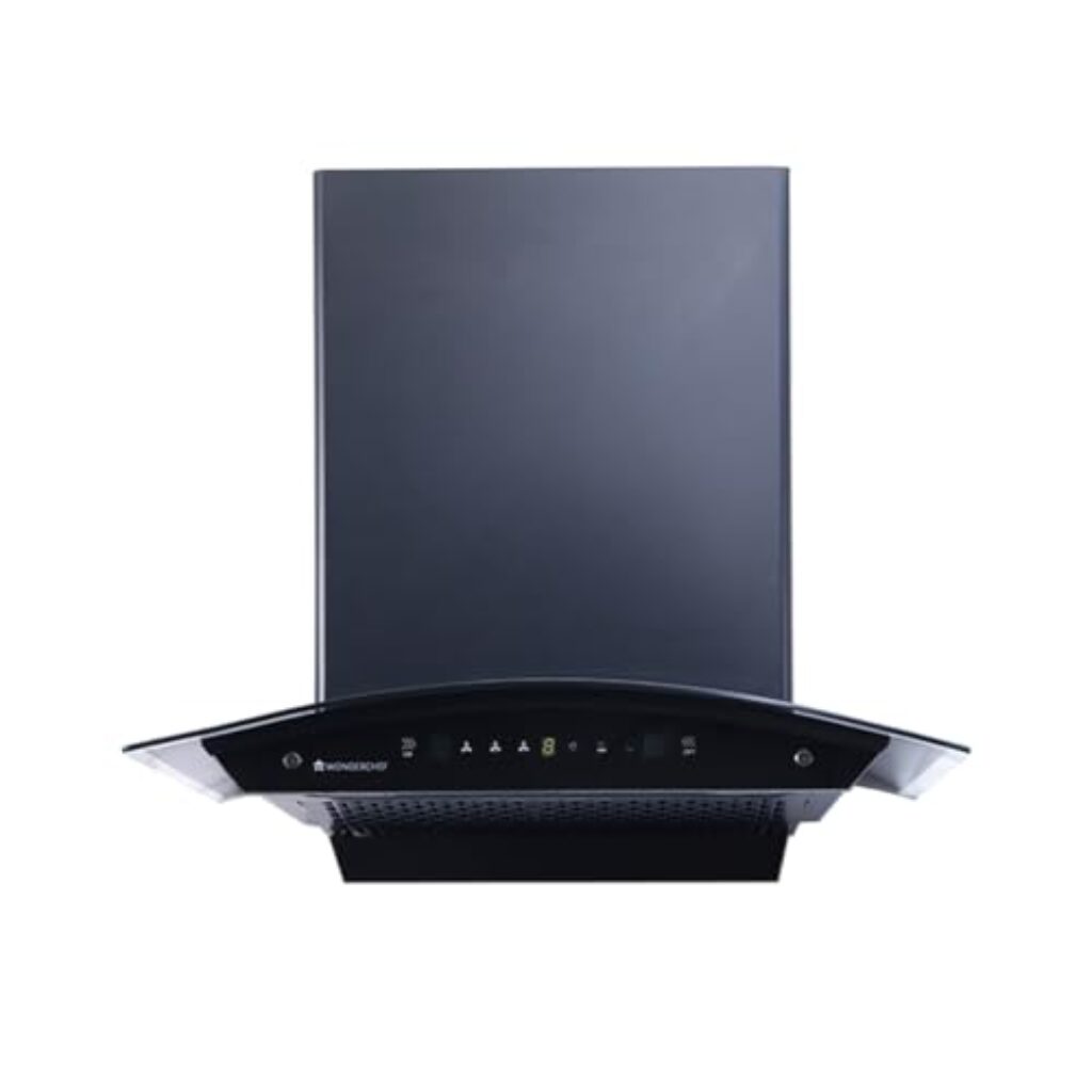 Wonderchef Ultima C-Line 60cm 1400 m3/hr Auto Clean Curved Glass Chimney | Baffle Filter | 1400M3/Hr powerful suction | Touch + 3 speed Motion Sensor control | Low Noise | 7 Year Warranty | Black