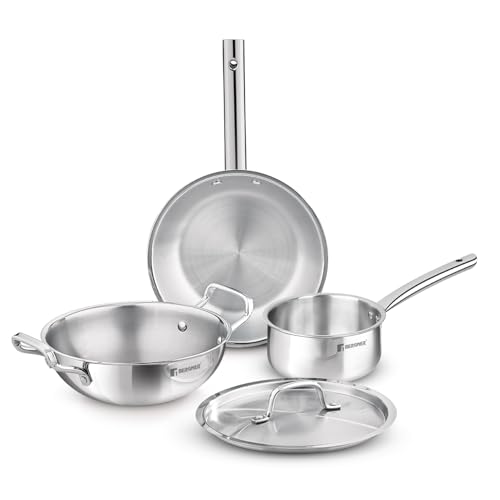 Bergner TriPro 4 Pcs Tri-Ply Stainless Steel Induction Bottom Cookware Set - 22cm (2L) Kadai and 22cm (1L) Frypan with Common Stainless Steel Lid, 14cm (1L) Teapan, Less Oil Use, Easy to Clean