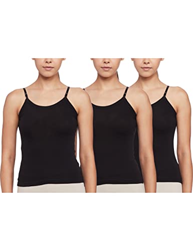 Rupa Softline Women Super Combed Cotton Spaghetti Strap Top, Under-Shirt, Stretchable and Body-Hugging, Black,Pack of 3