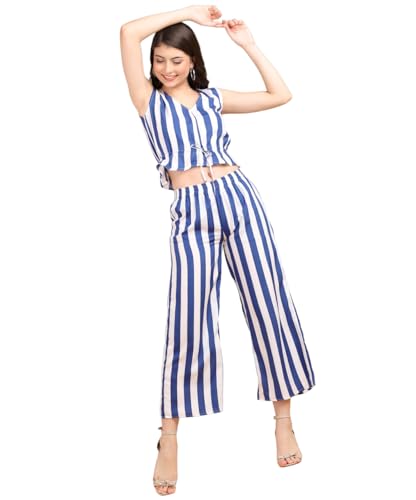 POPWINGS Casual Stripe Printed Crop Top and Trouser Co-Ords Set for Women || Top and Bottom Set for Women || Women Top and Trousers Set | Women Latest Trendy Co Ords Set || Two Piece Set for Women