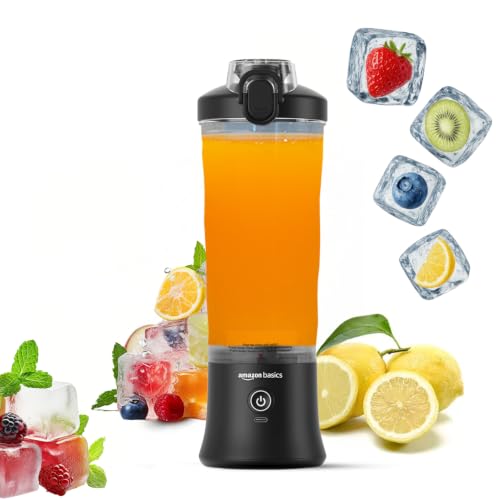 Amazon Basics Portable Hand Blender for Smoothies and Juices | USB Rechargeable | 6 Stainless Steel Blades | 600 ml Food Grade Jar | 1 Year Warranty | 2x2000 mAh Batteries (Black)