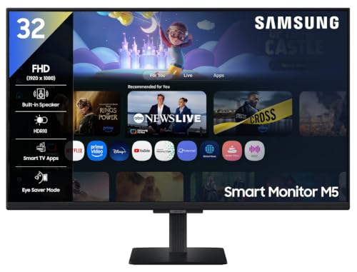 Samsung 32" (80cm) M5 Smart Monitor with Smart TV Experience|FHD 1920 x 1080|Screen Mirroring TV Plus|Speakers|Adaptive Sound|Wi-Fi|HDMI|Bluetooth|LS32FM500EWXXL|Black