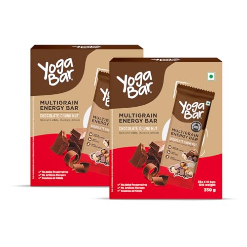 Yogabar Multigrain Energy Bars - Chocolate Chunk 20 Bars - Daily Protein Snack, High Energy & Nutrition Bars - with 8g Protein & 7g Fibre - No Preservatives - Pack of 2, 10 Bars each
