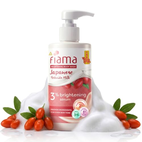 Fiama 3% Brightening Serum Body Wash 250ml | 2% Niacinamide, 1% Glycolic Acid, Omega 3 & 6 Fatty Acids Shower Gel, Fights Dullness & Evens Skin tone | Exotic Japanese Hokkaido Milk, Raspberry Smoothie Fragrance