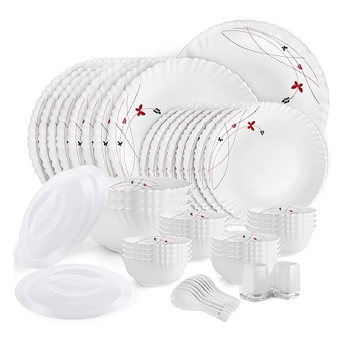 Cello Opalware Dazzle Series Lush Fiesta Dinner Set, 49Pcs | Opal Glass Dinner Set for 8 | Light-Weight, Daily Use Crockery Set for Dining | White Plate and Bowl Set