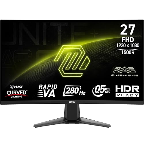 MSI MAG 276CXF 27 Inch FHD Curved Gaming Monitor - 1500R 1920 x 1080 Rapid VA Panel, 280 Hz / 0.5ms (GtG, Min.), Adaptive Sync - DP 1.4a, HDMI 2.0b CEC