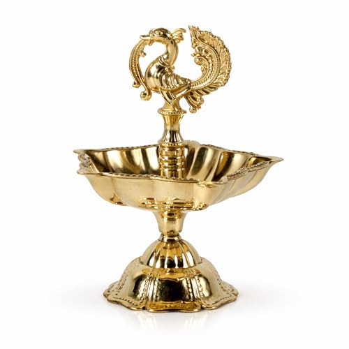 Brass Peacock Diya for Puja Room Decorative Oil Lamp with 5 Wicks Gold Finish Handcrafted Traditional Brass Deepam for Home Temple Festival Decor (8)