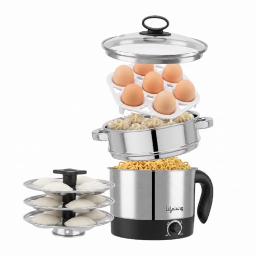 Lifelong Stainless Steel Multi Kettle with 3 Idli Plates(1.5L, 600W)| Multipurpose Electric Kettle with Egg Tray & Steamer|Glass Lid|Auto-Shut Off|Boil Rice, Milk, Tea, Coffee, Soup, Veggies & Noodles