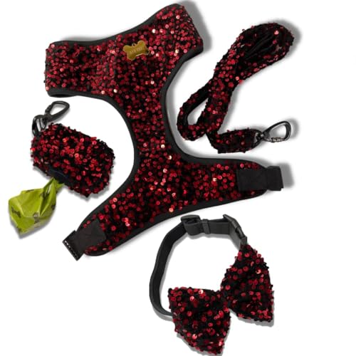 A+a Pets' Sequins Set of 5- Harness, Leash, Collar, Bow & Poo Bag Pouch for Dogs and Cats (M, Red)