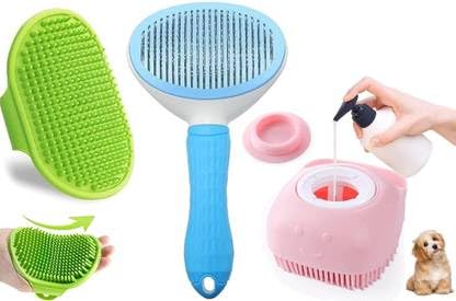 PETJOY Dog Grooming Kit – 3-in-1 Pet Grooming Combo with Self-Cleaning Slicker Brush, Silicone Bath Brush & Shampoo Dispenser | Dog & Cat Grooming Tools for Shedding, Bathing & Coat Care