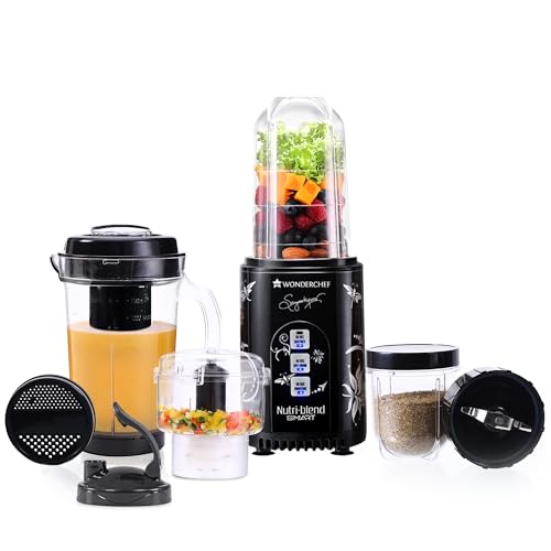 Wonderchef Nutri Blend Smart CKM Automatic Mixer Grinder with Dual Pulse Function|22000 RPM|100% Full Copper Motor|4 Unbreakable Jars|500 W|2 Years Warranty|Recipe book by Chef Sanjeev Kapoor| Black