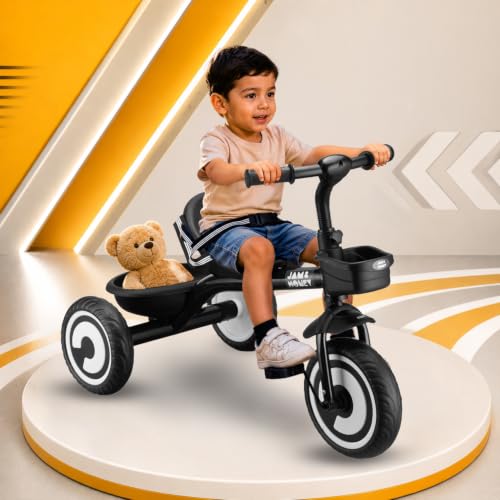 Amazon Brand - Jam & Honey | Kids Tricycle | Red | 2-Point Safety Harness | Ergonomic Seat | Mild-Steel Frame | Front Basket & Rear Storage Tray | Ages 2+ Years