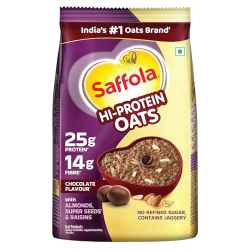 Saffola 25g High Protein Oats | 14g Fibre | 400g | No Refined Sugar | With Almonds, Raisin, Pumpkin and Chia Seeds | Rolled Oats for Weight management & Muscle gain | Chocolate flavour