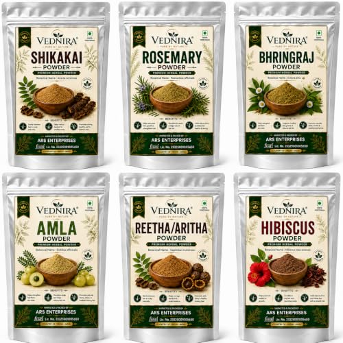 VEDNIRA Amla Reetha Shikakai Bhringraj Hibiscus Rosemary Original Powder Combo - 300g (50g x 6 Pack) | A Complete Natural Ayurvedic Powder Combo for Hair Growth, Hairfall Control & Damaged Repair