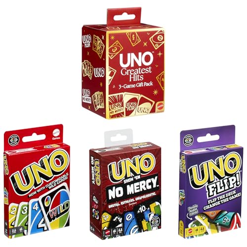 Mattel Games UNO Greatest Hits Gift Pack with 3 Card Games, UNO, UNO Flip & UNO Show ‘em No Mercy for Kids, Teens, Grown-Ups & Family Nights & Parties