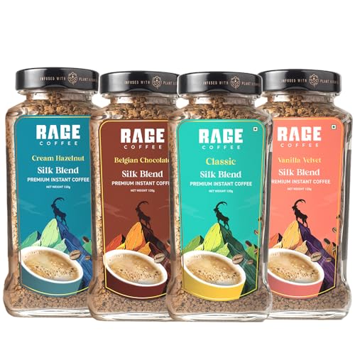 Rage Coffee Silk Blend Instant Coffee Combo Pack of 4 | Classic, Belgian Chocolate, Creamy Hazelnut & Vanilla Velvet | Premium Bold & Smooth Flavors | 120g Each Jar | 100% Arabica | Hot & Cold Brew - 480g