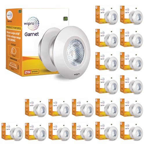 wipro Garnet 2W LED Integrated Spotlight | Warm White Light (2700K) | Compact Design for Cabinets & Wardrobes | Pack of 20