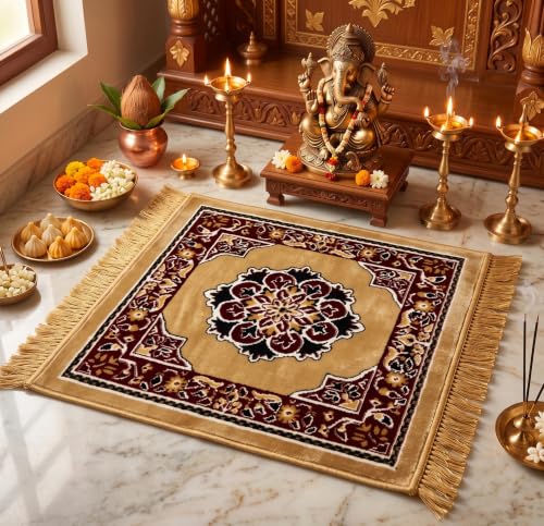VAS COLLECTIONS Traditional Pooja Aasan Mat, Decorative Puja Chowki Mat with Floral Pattern and Tassel Border, Prayer Mat for Mandir, Home Temple and Festive Decor, 20 x 20 Inches - Honey Biege