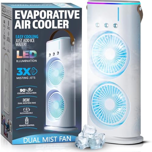 TEKCOOL Double Ended Spray Fan, Cold Air, 2025 New 3 Gears USB Rechargeable Oscillating one with LED Light Cooler, Touch & Remote Control, 280ml Water Tank, Ice Filling (White)?;